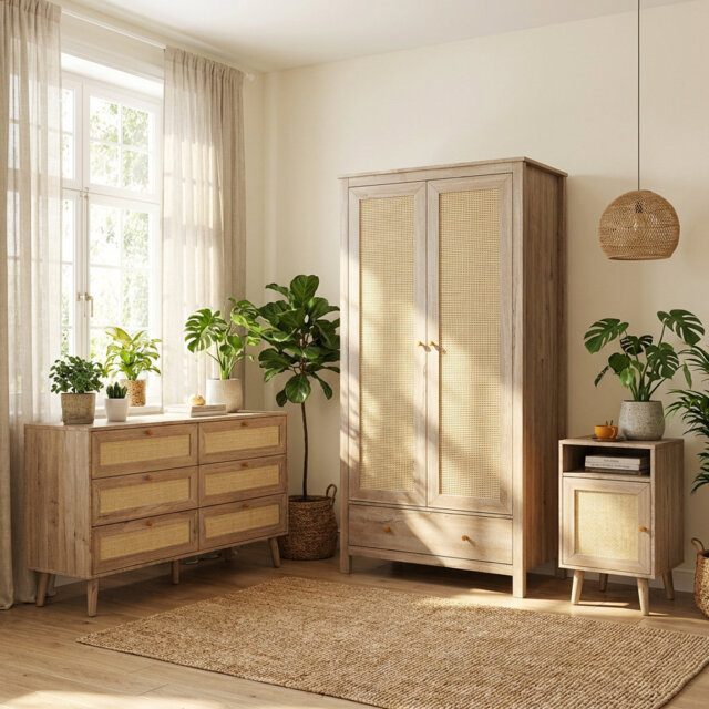 Annele Oak & Rattan 2 Door Wardrobe 3 Piece Bedroom Set