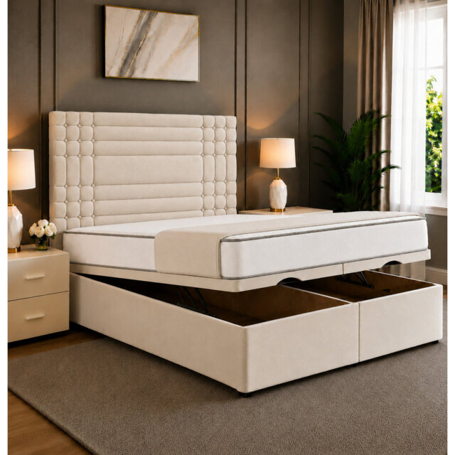 Persia Linear Panel Divan Ottoman Storage Bed Frame with Floor Standing Headboard & End Lift Storage