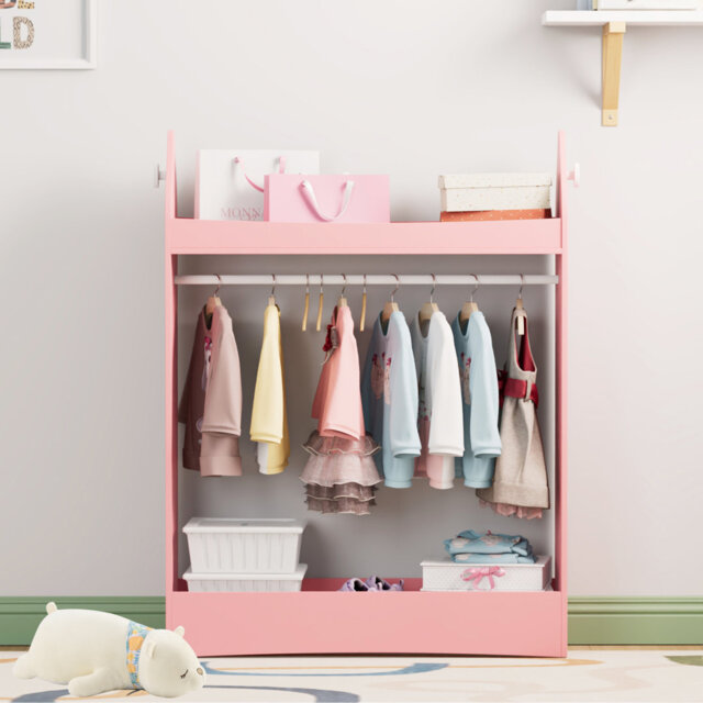 Kids Wardrobe Closet with Mirror and Storage Space, Open Hanging Armoire Closet