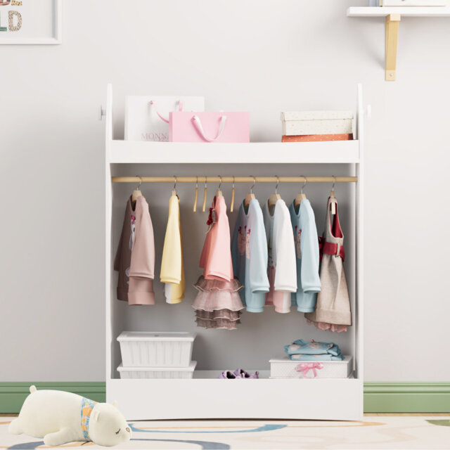 Kids Wardrobe Closet With Mirror And Storage Space, Open Hanging Armoire Closet