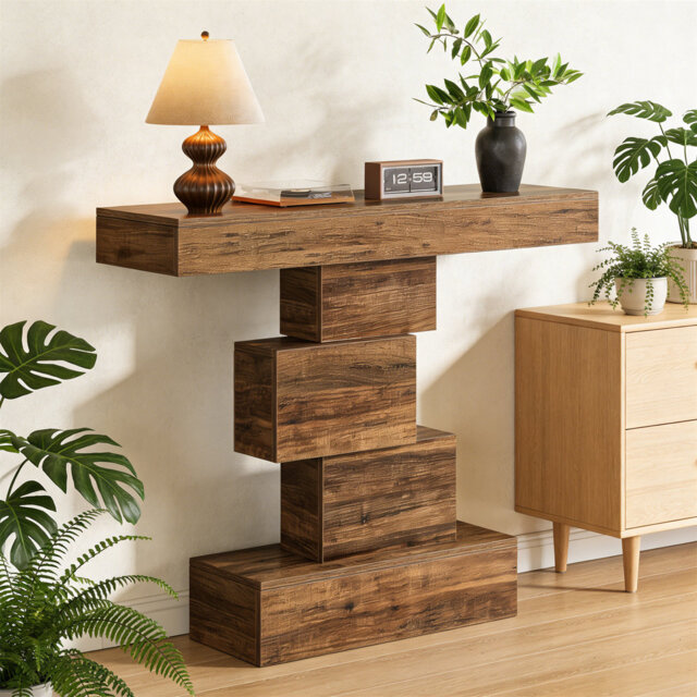 Rustic Console Table, 108Cm Slim Wood Sofa Side Table With Geometric Base, Space-Saving Entryway Hallway Table For Living Room, Entrance