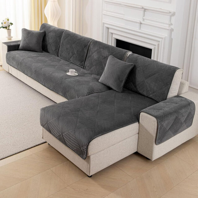 Soft Plush Sofa Cover 3 Seater Super Soft Stylish Couch Covers Dark Grey 240D x 110W