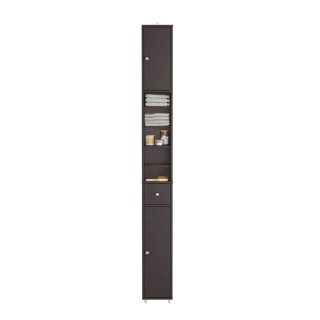 Tall Bathroom Cabinet Solid Wood, Slim Freestanding Storage Unit With Adjustable Shelves & Drawer, Space-Saving Storage Cupboard
