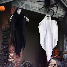 Fluorescent Glowing Hanging Skeleton Ghost, 2 Pack 100x60cm Halloween Decoration with Posable Arms & Flexible Joints, Indoor Outdoor Prop for Haunted