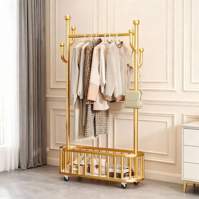 Heavy Duty Metal Clothes Rack with Wheels â Freestanding Hallway Garment Organizer with Storage Basket, Shelf, and 4 Hooks â Ideal for Bedroom, Li