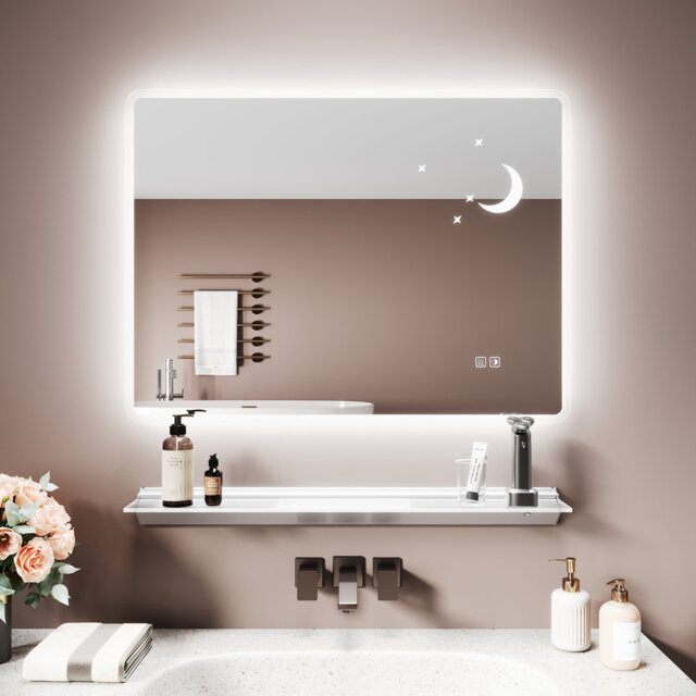 Star-Moon LED Bathroom Mirror & Triangular LED Shelf, Anti-Fog, Dimmable, Aluminum Glass, UKCA/CE/IP44 Certified