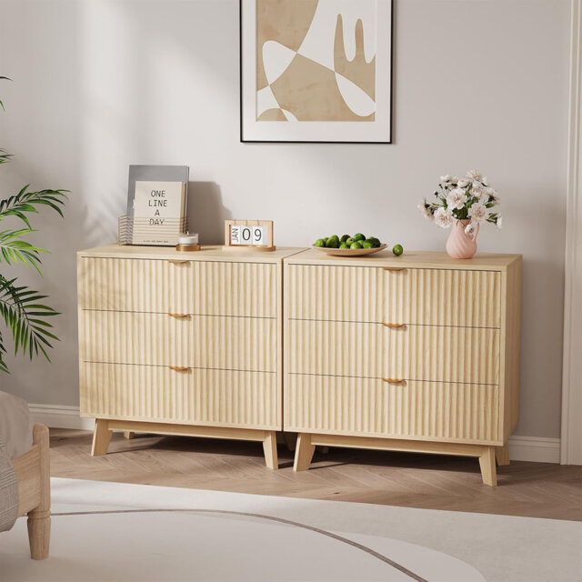 2-Pack 3-Drawer Fluted Dressers, Modern Wood Chest, Bedroom, Living Room, Hallway, Closet, Natural