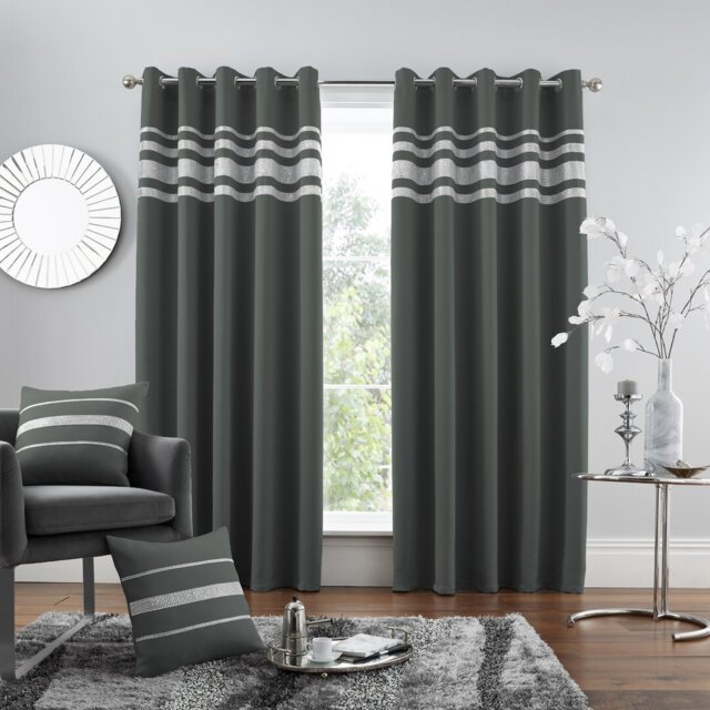 Kendal Decorative Blackout Curtain Panels with Glitter Stripe Eyelet Ring Top, Thermal Insulated Polyester Window Drapes for Living Room Bedroom