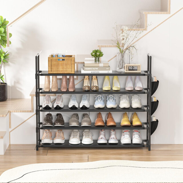 5 Tier Shoe Rack, Shoe Storage Organizer Large with Side Bag Space Saving for Closet, Entryway, Garage, Bedroom, Holds 20-25 Pairs Shoes