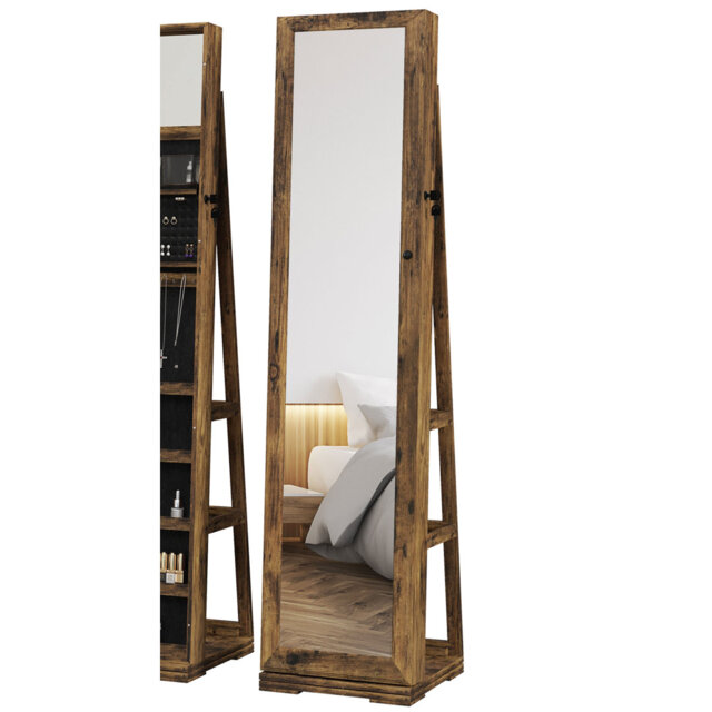 HOMCOM 360° Swivel Jewellery Cabinet Free Standing Mirror Rustic Brown