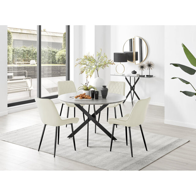 Tierra Modern Chrome Metal & Glass Round Dining Table Set with 4 Luxury Velvet Dining Chairs