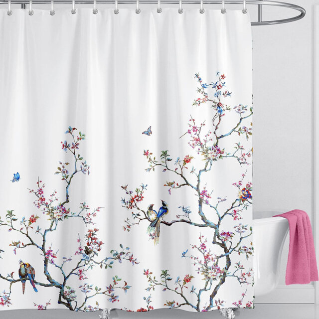Bird Floral Butterfly Fabric Shower Curtain 90×180cm, Mould Proof Washable Bathroom Curtain with 12 Hooks