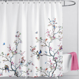 Bird Floral Butterfly Fabric Shower Curtain 90×180cm, Mould Proof Washable Bathroom Curtain with 12 Hooks
