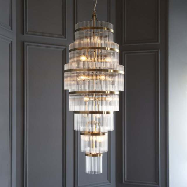 Geira Grand 21-Light Tiered Chandelier finished in Ant. Brass
