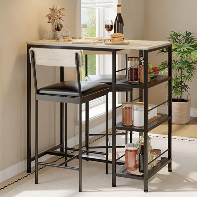 3-Piece Space-Saving Dining Table Set for 2 with Storage Shelves & Padded Chairs - PU Leather, MDF, Metal Frame for Kitchens, Dining Rooms & Home Offi