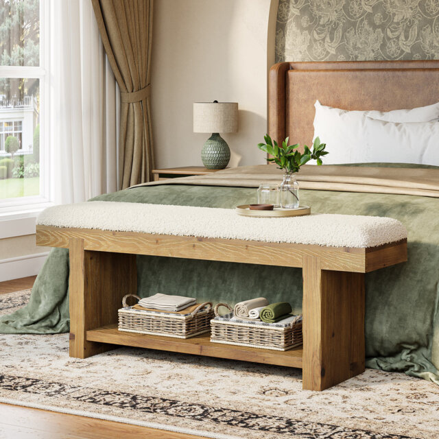 "47.2"" Solid Wood Bench with Upholstered Cushion, Farmhouse Bench for Entryway, End of Bed, Hallway"