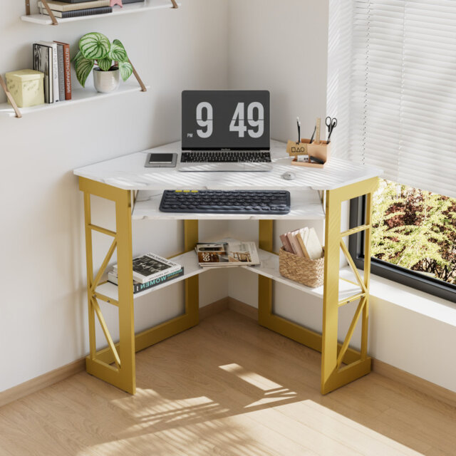 Lambrecht Corner Computer Desk with Smooth Keyboard and Storage Shelves, Farmhouse Triangle Computer Desk for Home Office, Living Room, Bedroom and Sm