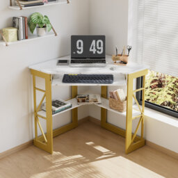 Lambrecht Corner Computer Desk with Smooth Keyboard and Storage Shelves, Farmhouse Triangle Computer Desk for Home Office, Living Room, Bedroom and Sm