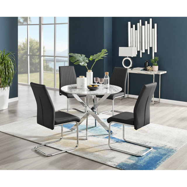 Tierra Modern Chrome Metal & Veneer Round Dining Table Set with 4 Upholstered Faux Leather Chairs