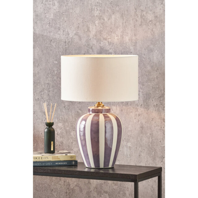 Priscilla Lilac Stripped Ceramic Table Lamp Base with Henry 30cm White Handloom Cylinder Lampshade