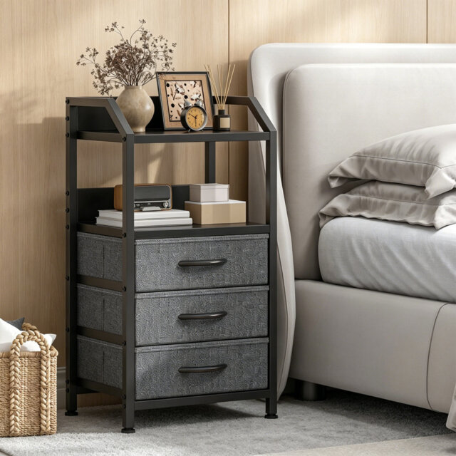 Deep Grey Bedside Table, 3 Fabric Drawers Open Shelf Nightstand, Metal Frame Wooden Top Compact Storage Side End Table for Bedroom Living Room Small S