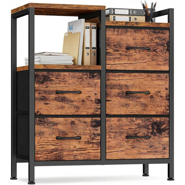 5-Drawer Mobile Filing Cabinet with Open Storage Shelf – Rolling Printer Stand, Fabric Lateral File Organizer, Under Desk Storage for Home Office, Fit