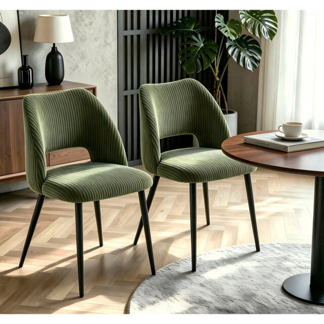 Corduroy Upholstered Dining Chair with Cutout Back and Black Metal Legs