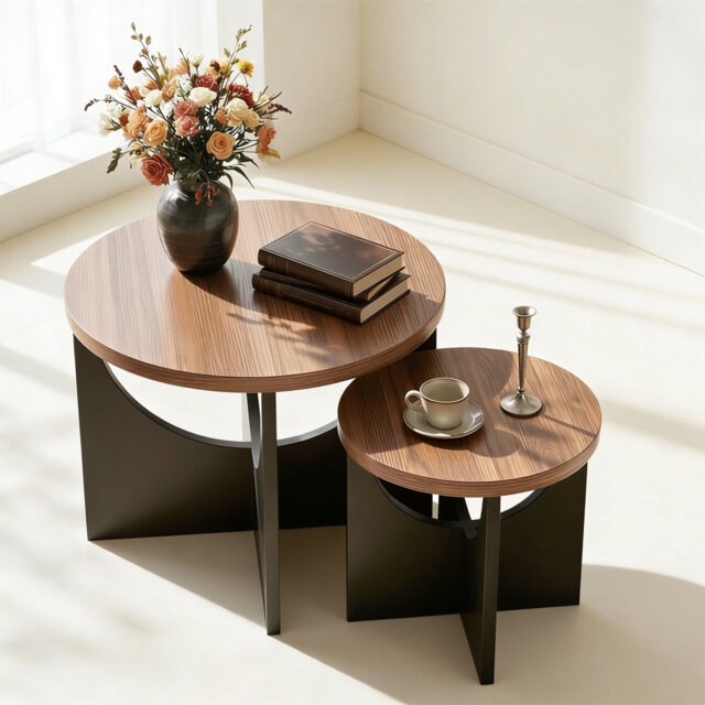 Nesting Coffee Table Set Of 2, Round Wooden Side Tables, Small End Tables For Living Room Bedroom