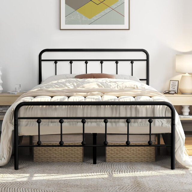 Single Double Size Metal Bed Frame with Headboard and Footboard, Victorian Style Platform Bed Frame, Mattress Foundation, No Box Spring, Black (Mattre