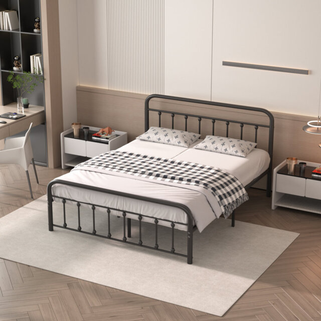 Single Double Size Metal Bed Frame with Headboard and Footboard, Victorian Style Platform Bed Frame, Mattress Foundation, No Box Spring, Black (Mattre