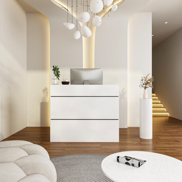 Modern White Reception Desk With Raised Countertop – Stylish And Functional Welcome Counter For Offices And Shops