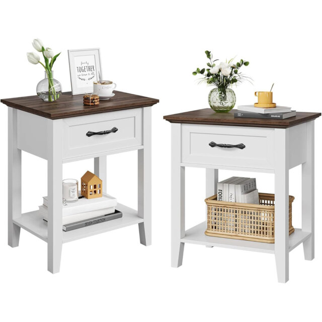 Modern White Wooden Bedside Tables Set of 2 â 2-Tier Nightstands with Drawer and Open Shelf â Space-Saving End Tables for Bedroom, Living Room â