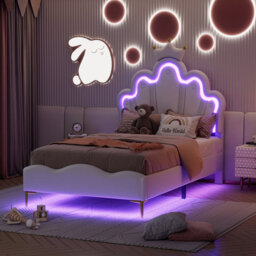 Kids Bed Frame With LED Lights, Girls Bed With Princess Crown, PU Upholstered Platform Bed Frame With Adjustable Headboard For Bedroom, White(90X200 C