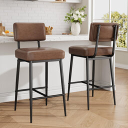 Set of 2 Brown 26-Inch Counter Height Bar Stools - Dark Brown Faux Leather Upholstered - Comfortable Backrest - Sturdy Metal Legs