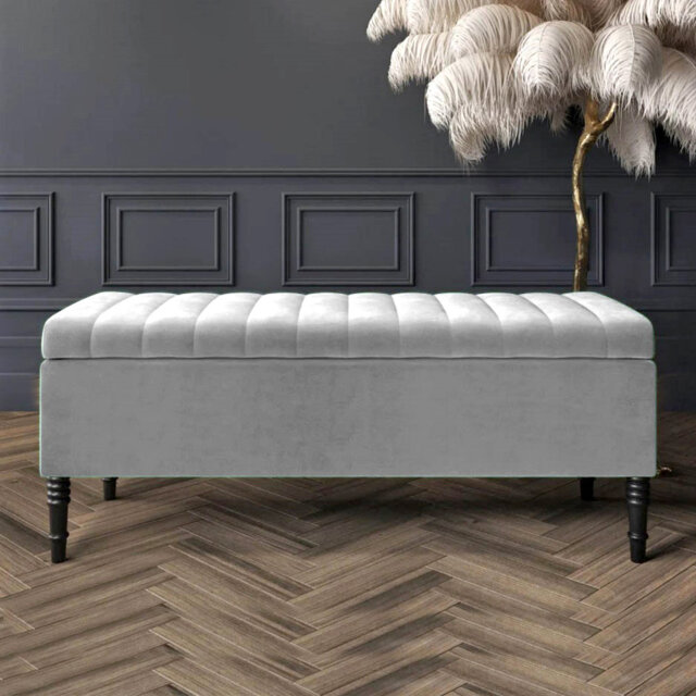 Paris Striped Ottoman Storage Bench - Upholstered Plush Velvet Shoes Bench with Black Turned Wooden Legs