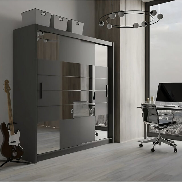 Aruba II 203cm Sliding Door Wardrobe in Graphite Matt - Contemporary Design with Mirrored Detail