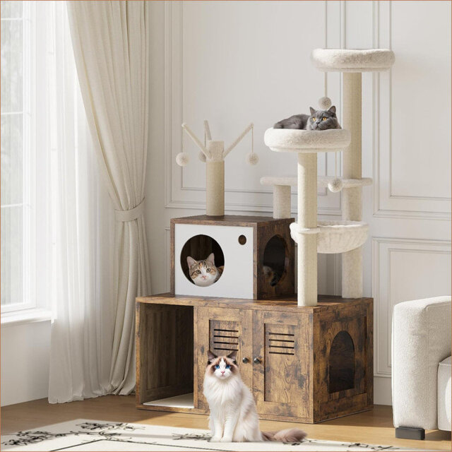 Litter Box Enclosure with Tree Tower and Condo, Wooden Cat Tower with Scratching Posts, Cat Hammock, Hidden Litter Box Furniture, Wooden Cat Furniture