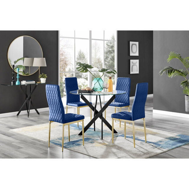 Bernell Modern Chrome Metal & Glass Round Dining Table Set with 4 Quilted Velvet Chairs