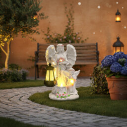Solar Angel Statue with Cherub - Outdoor Garden Light & Decor