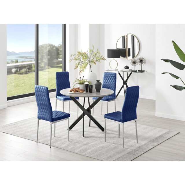Tierra Modern Chrome Metal & Glass Round Dining Table Set with 4 Quilted Velvet Chairs