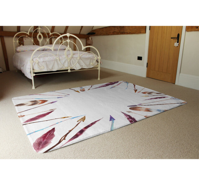 Hinton Watercolour Boho Chic with Feathers and Arrows Designer Shaggy White Rug