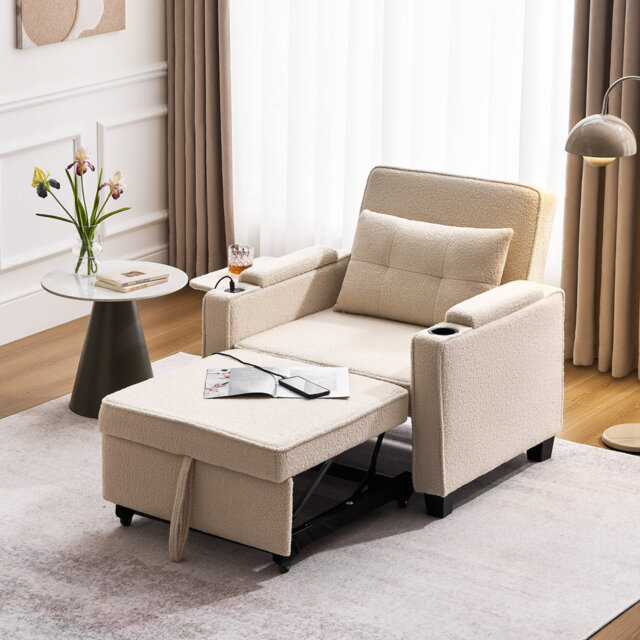 Single Sofa, 3-In-1 Recliner Pull-Out Fleece Sofa Armchair With USB Ports, 3-Position Adjustable Backrest (105°-160°), Storage Space & Cup Holder,Crea