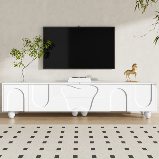 Modern Tv Stand With Curved Doors - 180Cm, Matte Finish, Wood Legs, Storage Drawers