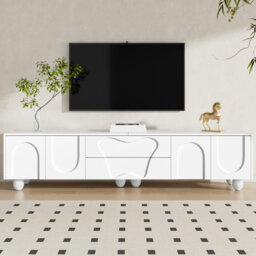 Modern Tv Stand With Curved Doors - 180Cm, Matte Finish, Wood Legs, Storage Drawers