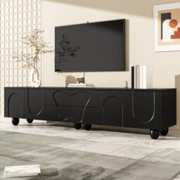 Modern Tv Stand With Curved Doors - 180Cm, Matte Finish, Wood Legs, Storage Drawers