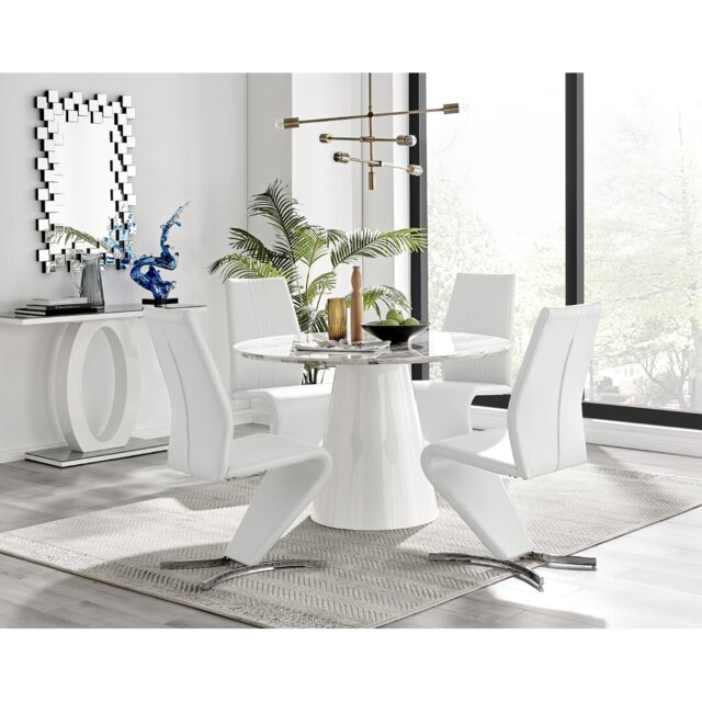 Edzard Statement Round Dining Table Set & 4 Luxury Faux Leather Dining Chairs