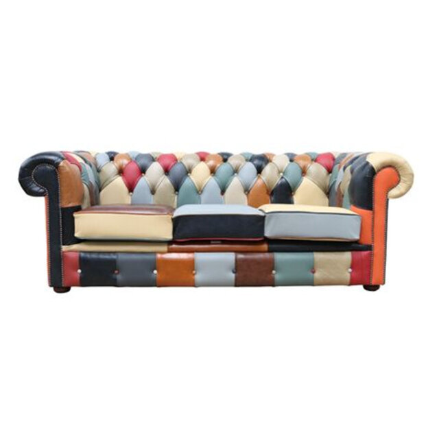 Chesterfield Devil Patchwork Leather 3 Seater Sofa Settee