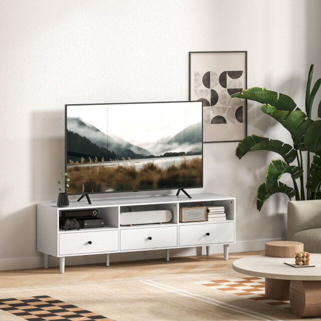 Multi-Storage TV Stand 140*34*45 cm Metal 1 Piece TV Stand White with Cable Management
