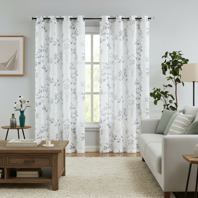 182 cm Long Yellow Semi Sheer Floral Curtains 2 Panels, Linen Textured Eyelet Drapes for Living Room & Bedroom