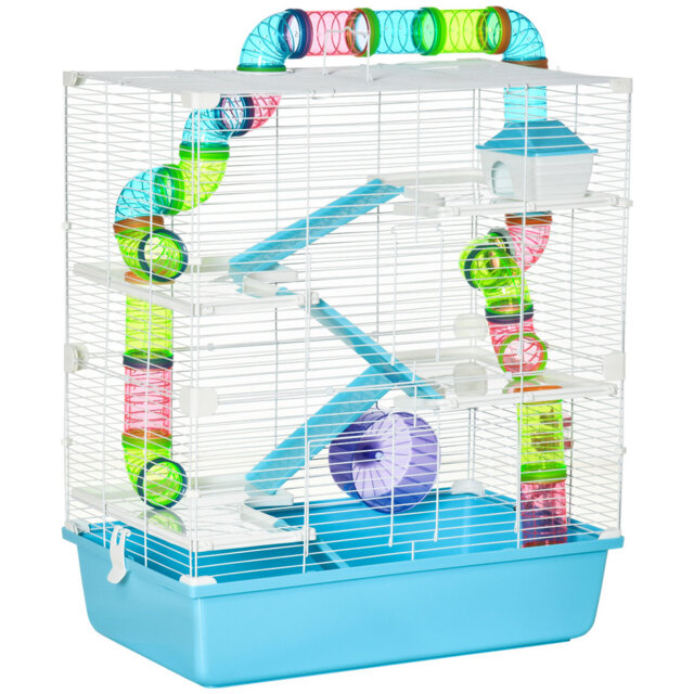 Hamster Cage with Water Bottle Exercise Wheel Tubes Ramps-Light Blue